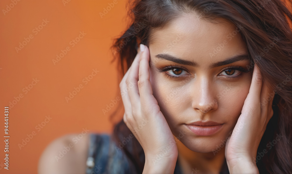 A young woman with long brown hair poses in front of an orange background, holding her hands to her face A young woman with long brown hair poses in front of an orange background, holding her hands to her face