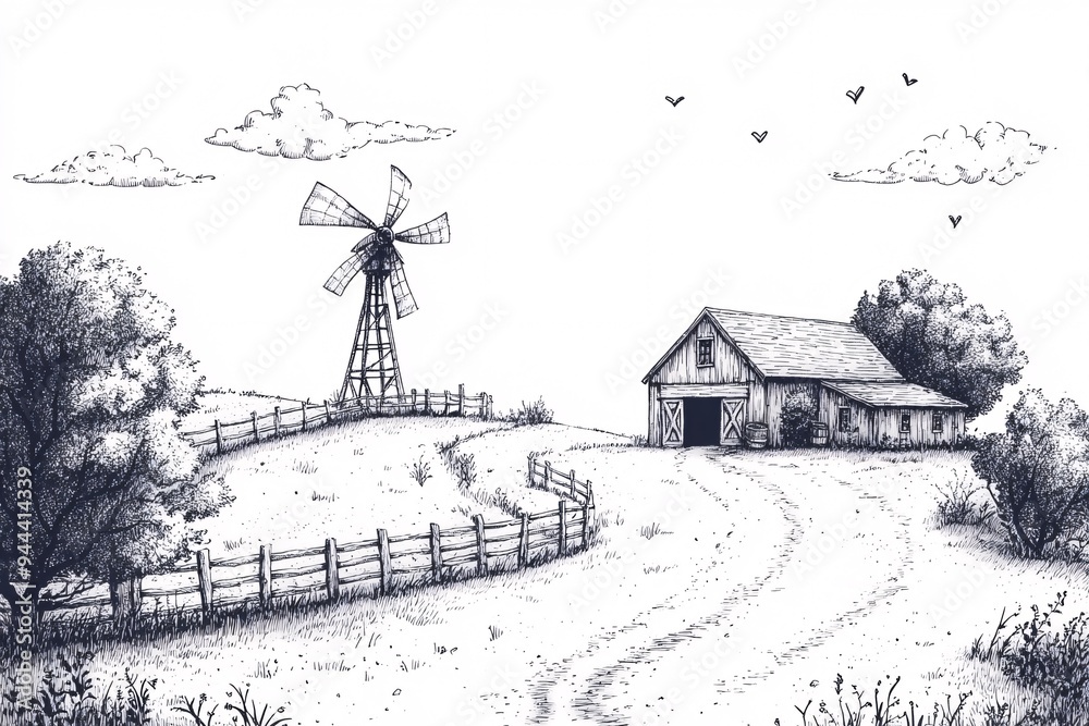 Fototapeta premium Rustic Countryside Windmill and Barn Sketch