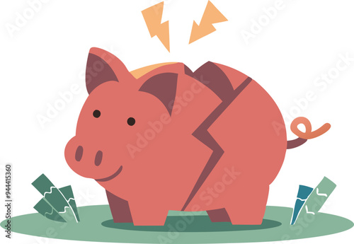 Broken piggy bank in a cartoon style, symbolizing economic challenges and financial struggles in vector design