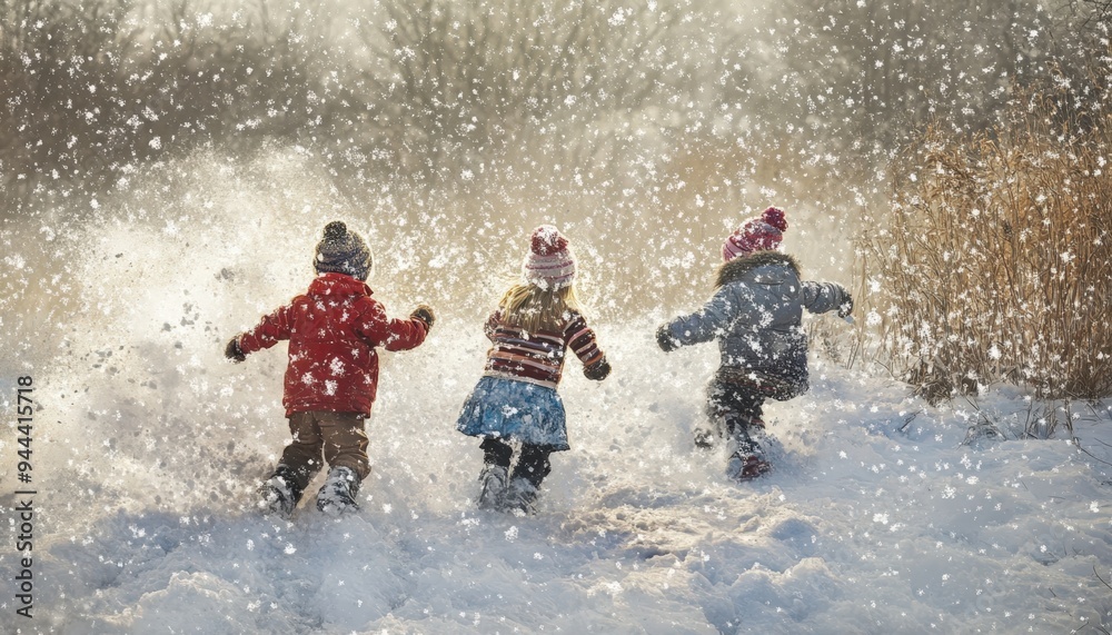 Children joyfully playing in the snow amidst falling snowflakes on a winter day in a forested area Children joyfully playing in the snow amidst falling snowflakes on a winter day in a forested area