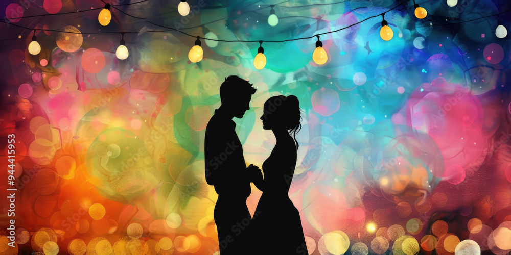 Two people hold hands softly, silhouetted against a vibrant backdrop of lights and colors at a romantic evening event Two people hold hands softly, silhouetted against a vibrant backdrop of lights and colors at a romantic evening event