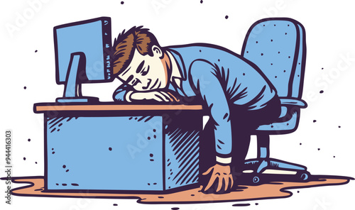 Businessman exhausted and asleep on his desk, representing workplace fatigue, burnout, and stress in a handdrawn illustration
