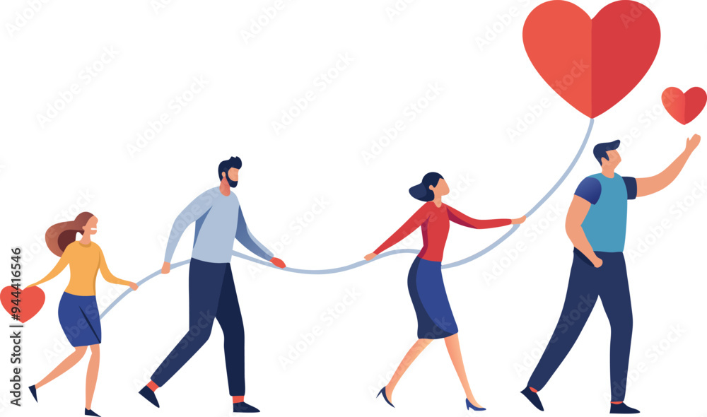 Group of people holding hands with hearts, symbolizing love, unity, and connection in a flat vector illustration