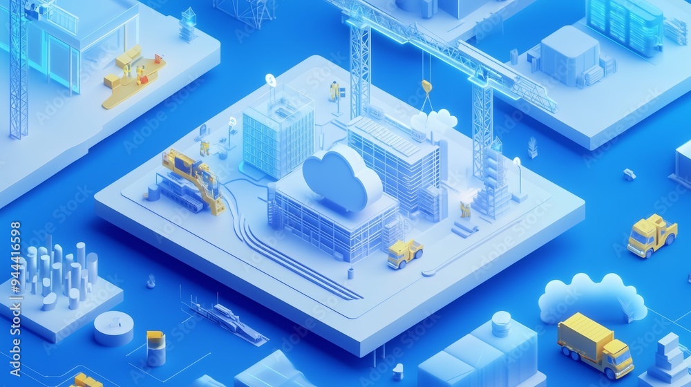 Digital construction site representation showcasing heavy machinery and cloud infrastructure in an abstract blue setting Digital construction site representation showcasing heavy machinery and cloud infrastructure in an abstract blue setting
