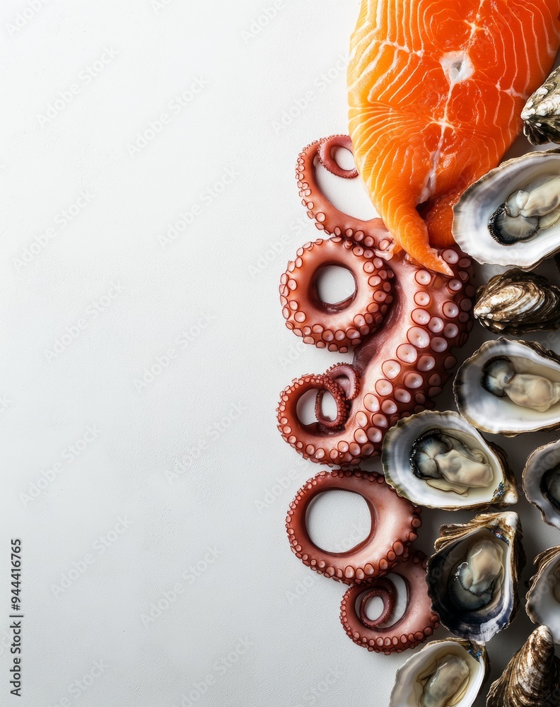 Fototapeta premium Background of octopus tentacles, salmon tail, oysters, Kamchatka crab claws with a space for copying in the center.
