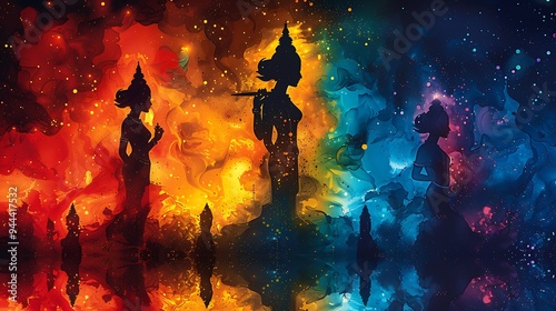 Three silhouetted figures stand in a colorful, abstract cosmic landscape. The figure on the left is holding a candle,