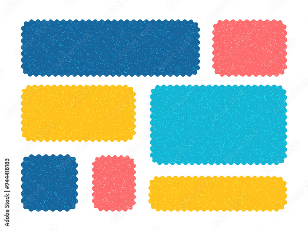 Colorful Wavy Edge Rectangles set. Modern Playful kids Rectangular Frames Set. Zigzag Geometric Shapes. Scratched grainy texture. Stamp, Label, Badge, Mark For school education Design