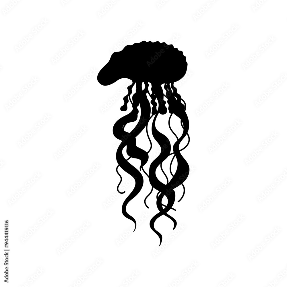 Fototapeta premium Vector illustration depicting a black silhouette of a jellyfish isolated on a white background