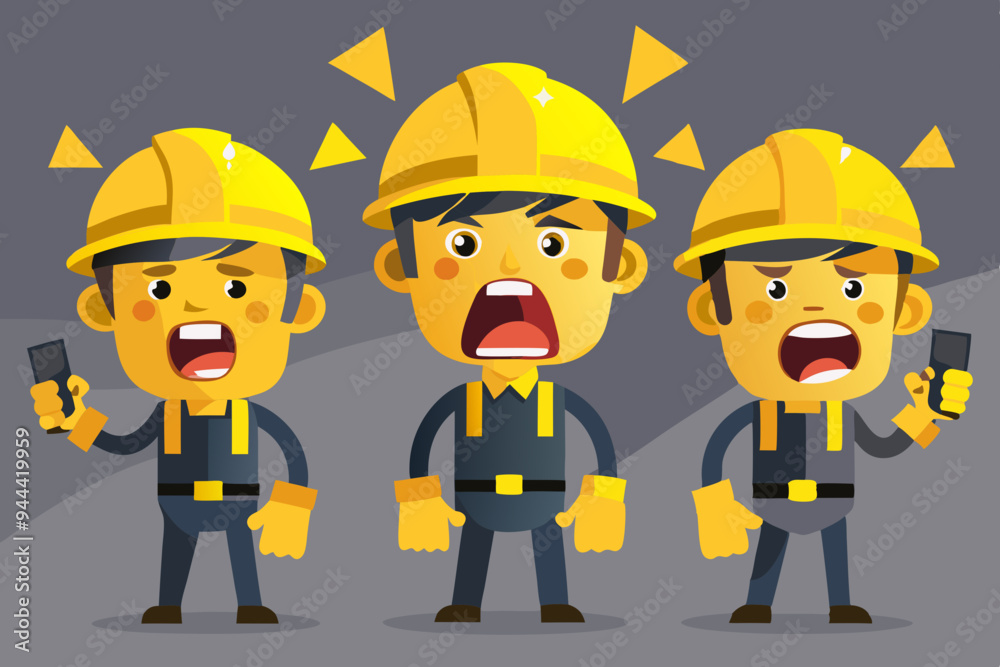 A series of animated miners in yellow helmets showing a range of emotions from determination to frustration, highlighting the challenges and dedication in mining professions
A series of animated miners in yellow helmets showing a range of emotions from determination to frustration, highlighting the challenges and dedication in mining professions