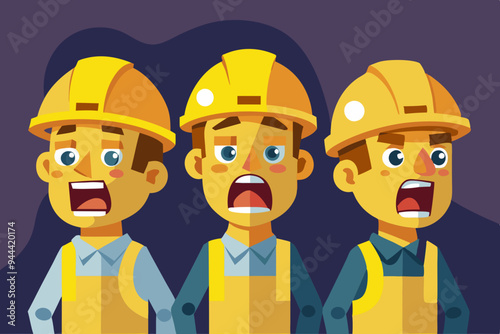 A series of animated miners in yellow helmets showing a range of emotions from determination to frustration, highlighting the challenges and dedication in mining professions
