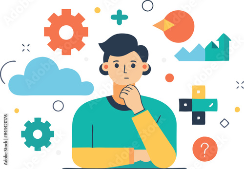 Businessman pondering business challenges surrounded by icons, representing critical thinking and problemsolving in a flat design