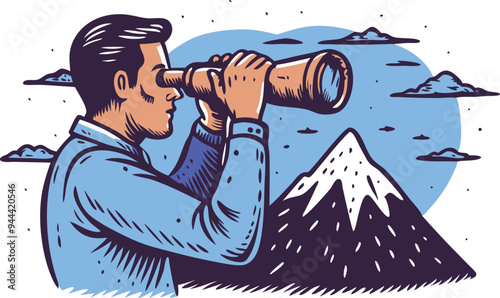 Man looking through a telescope at distant mountains, symbolizing vision, planning, and exploration in a handdrawn style