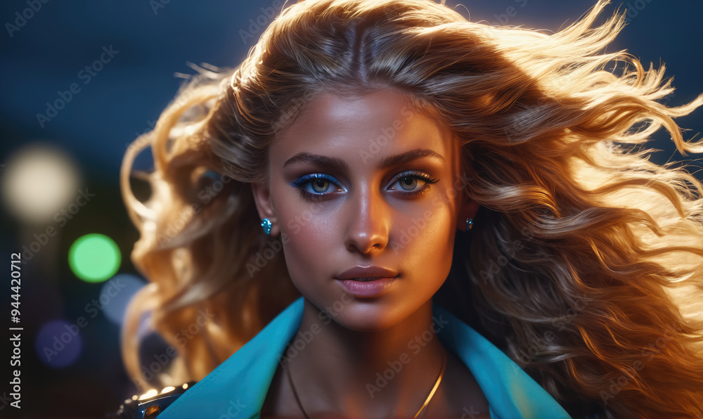 A woman with long, blonde hair stands in front of a city backdrop at night, her blue eyes staring intensely at the camera A woman with long, blonde hair stands in front of a city backdrop at night, her blue eyes staring intensely at the camera