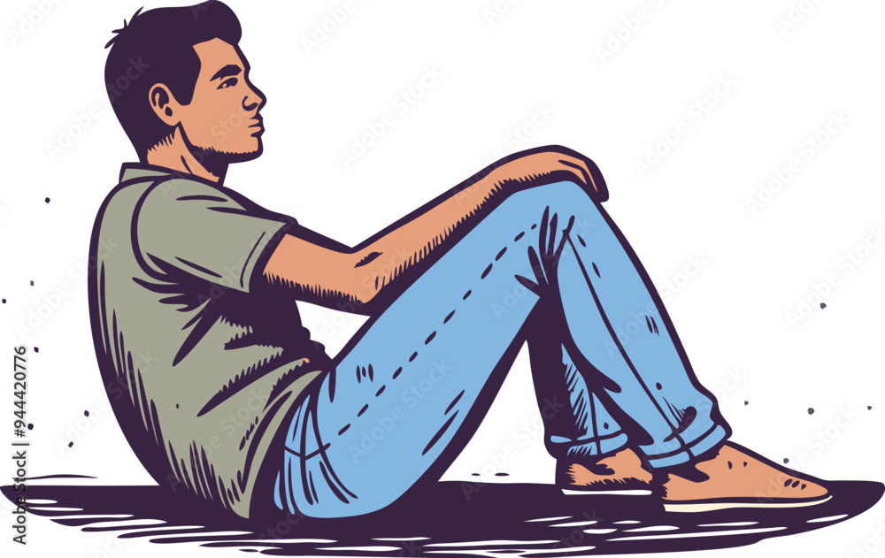 Obraz premium Young man sitting alone, symbolizing contemplation, selfreflection, and solitude in a handdrawn style