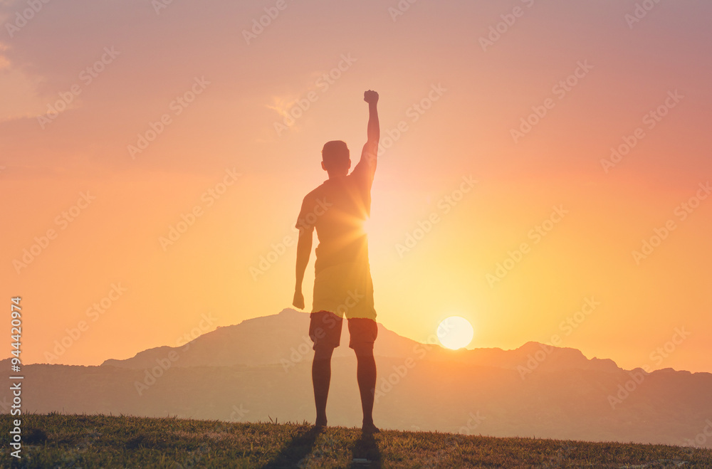 Ταπετσαρία Man with fist up to the sky, People power, vision, victory and winning concept