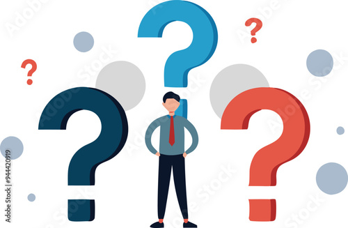 Businessman surrounded by question marks, representing confusion, uncertainty, and decisionmaking in a vector illustration