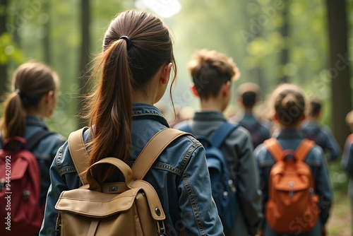 A group of friends walking together through a dense forest, enjoying nature and each other's company