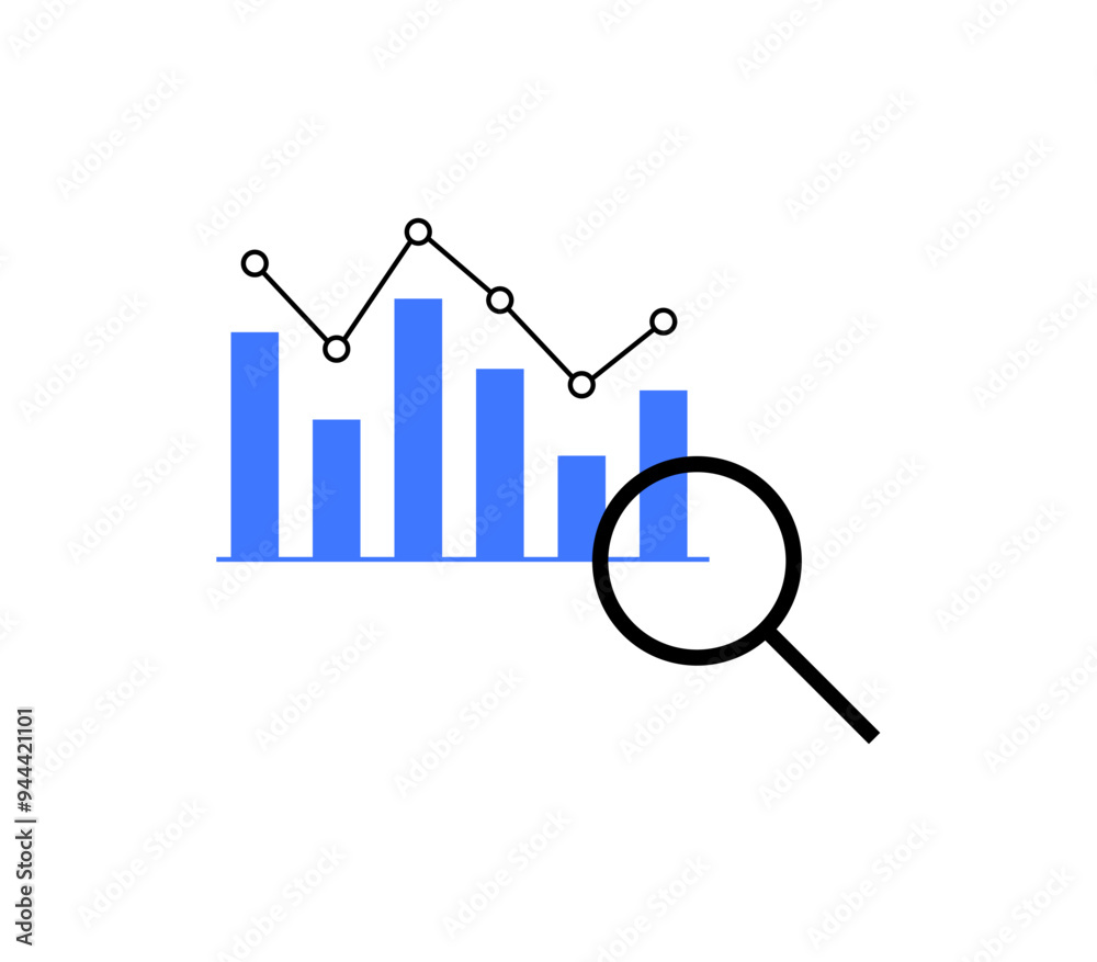 Bar graph and line chart with a magnifying glass icon, representing data analysis, research, or business intelligence. Ideal for statistical, economic, or technology-related visual content. Bar graph and line chart with a magnifying glass icon, representing data analysis, research, or business intelligence. Ideal for statistical, economic, or technology-related visual content.