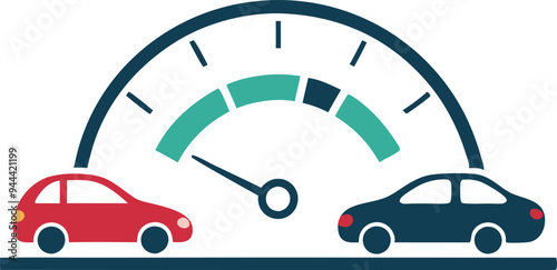 Two cars racing with a speedometer gauge, representing competition, speed, and performance in a vector illustration