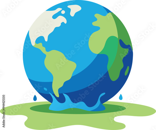 Illustration of the Earth melting into water, symbolizing environmental issues, climate change, and global warming