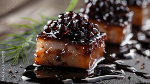 Molecular cuisine dishes with balsamic vinegar and caviar. photo