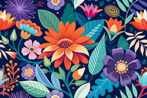 This image showcases a digitally created, vibrant floral pattern featuring various flowers with a dark background, highlighting the contrast and beauty of each element.
