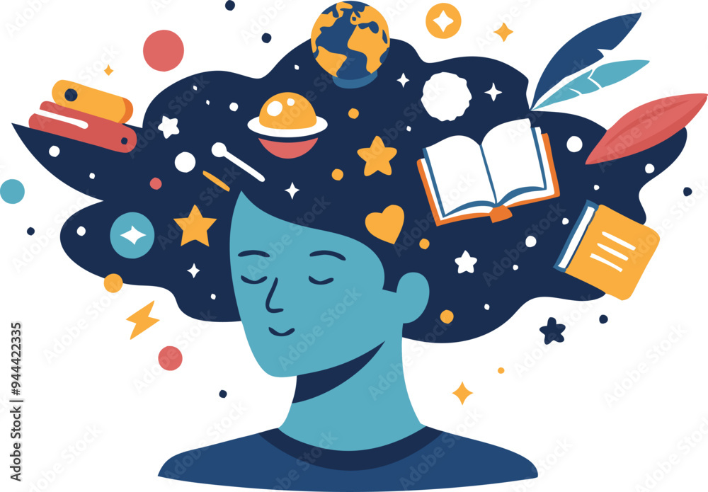 Naklejka premium Human head filled with books and planets, symbolizing knowledge, creativity, and imagination in a flat vector illustration