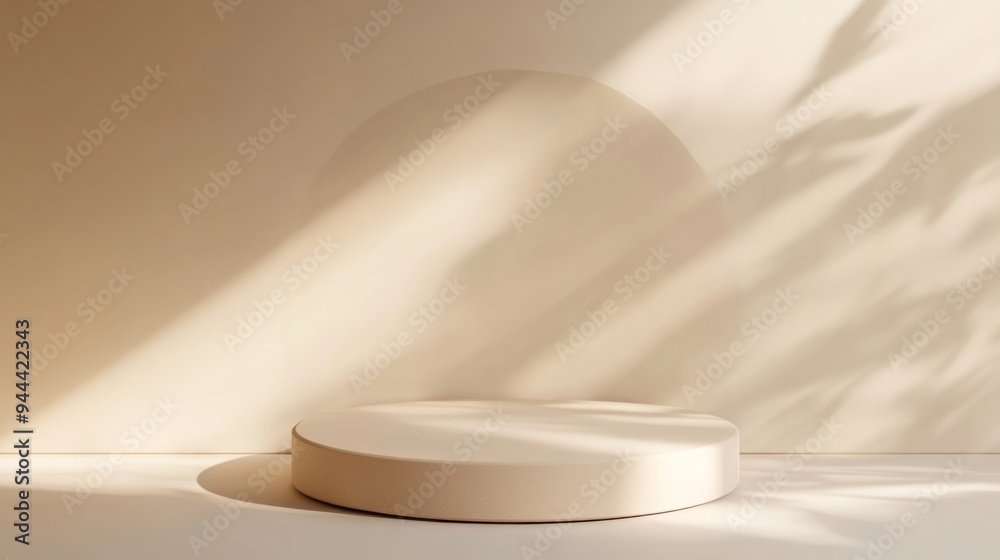 Round Beige Podium with Soft Shadows and Highlights on Off-White Background, Ideal for Product Display and Presentation Round Beige Podium with Soft Shadows and Highlights on Off-White Background, Ideal for Product Display and Presentation