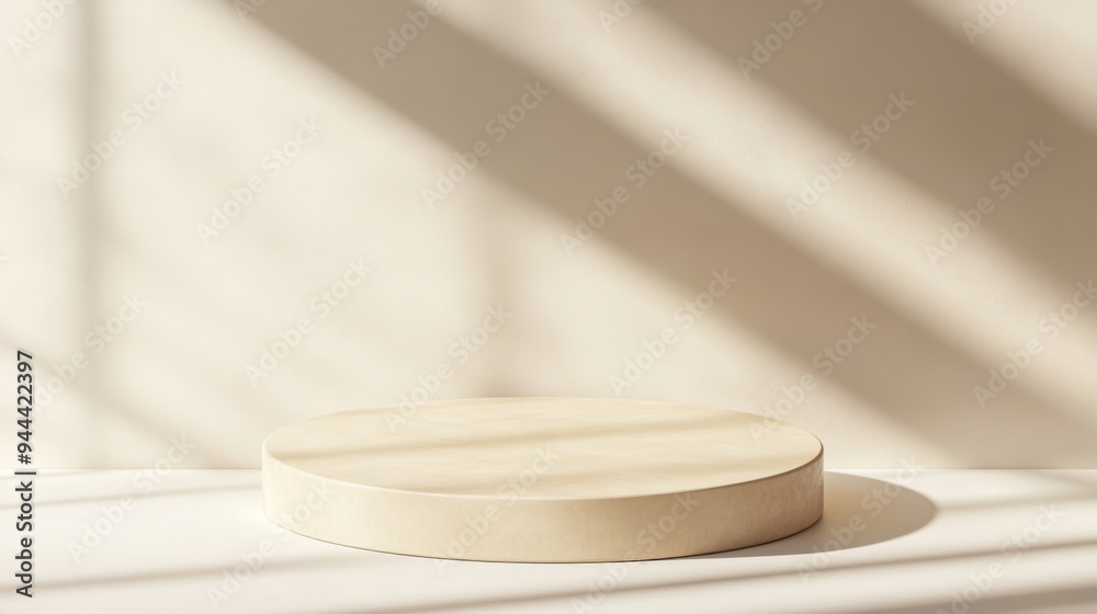 Round Beige Podium with Soft Shadows and Highlights on Off-White Background, Ideal for Product Display and Presentation Round Beige Podium with Soft Shadows and Highlights on Off-White Background, Ideal for Product Display and Presentation