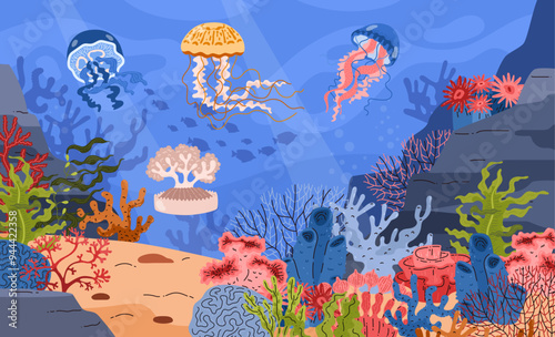 Vector illustration of beautiful jellyfish on a background of algae, corals and the seabed