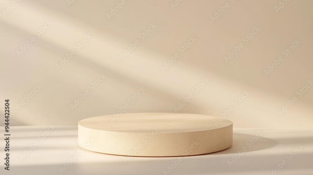 Round Beige Podium with Soft Shadows and Highlights on Off-White Background, Ideal for Product Display and Presentation Round Beige Podium with Soft Shadows and Highlights on Off-White Background, Ideal for Product Display and Presentation
