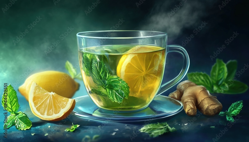 Refreshing herbal tea with lemon and ginger served in a glass cup, surrounded by fresh mint and lemon slices in a tranquil setting Refreshing herbal tea with lemon and ginger served in a glass cup, surrounded by fresh mint and lemon slices in a tranquil setting