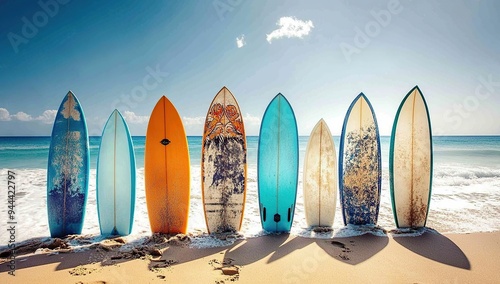 A row of surfboards stands on the beach