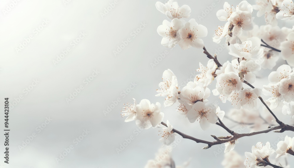 Delicate white cherry blossom flowers blooming on branches against a soft, cloudy background in springtime elegance Delicate white cherry blossom flowers blooming on branches against a soft, cloudy background in springtime elegance