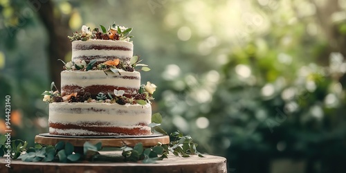 A rustic wedding cake with natural decorations, sitting on an outdoor table at the edge of a garden