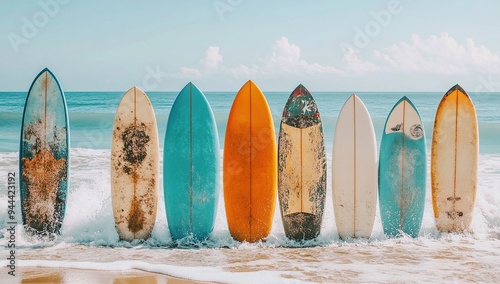 A row of surfboards stands on the beach, with the sun shining in front and the ocean waves crashing