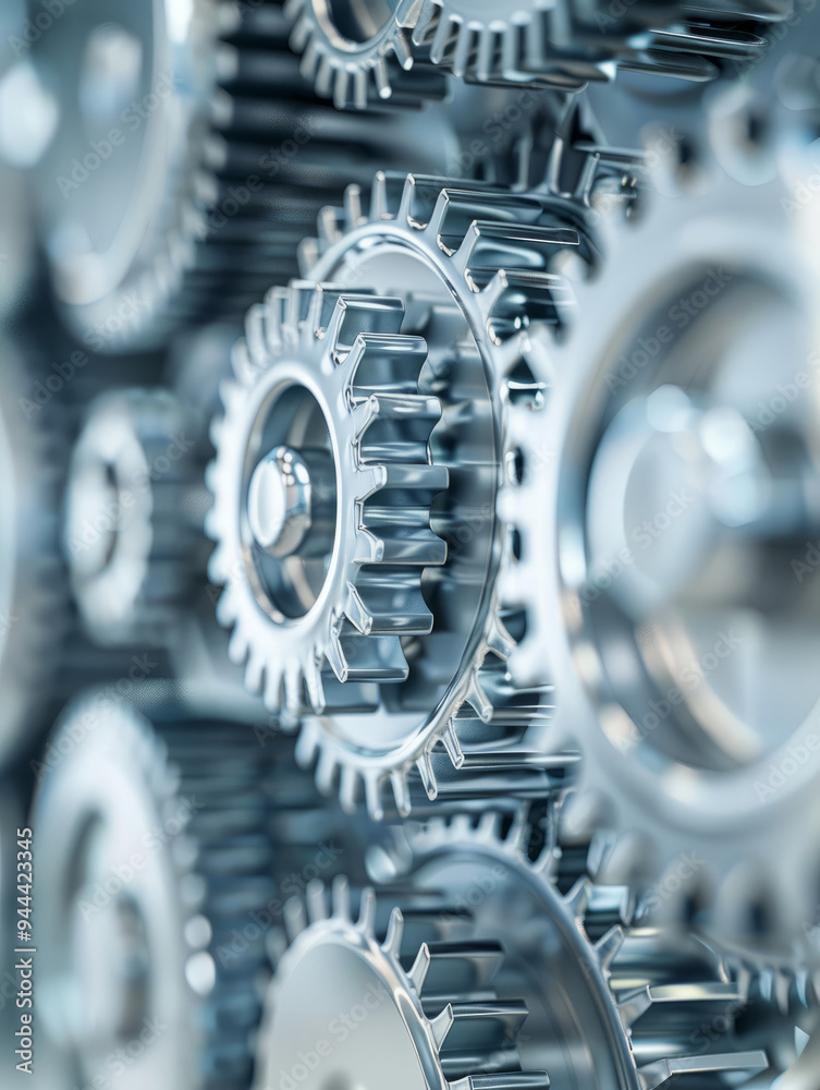 Close-up of interlocking metal gears in a mechanical system. Close-up of interlocking metal gears in a mechanical system.