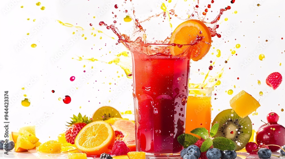 Juice, splashes of juice from a transparent glass, multifruit, fruit flavor. advertising, background for advertising, white background Juice, splashes of juice from a transparent glass, multifruit, fruit flavor. advertising, background for advertising, white background