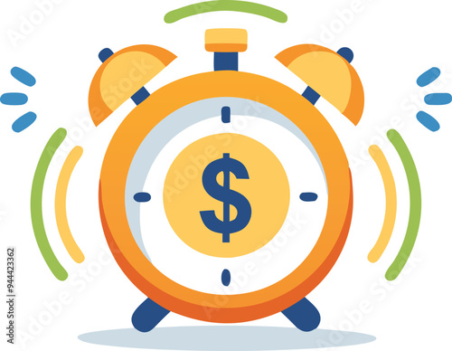 Alarm clock with a dollar symbol, representing time management, finance, and urgency in a flat vector illustration