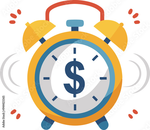 Alarm clock with a dollar sign symbolizing time management, urgency, and finance in a vector design