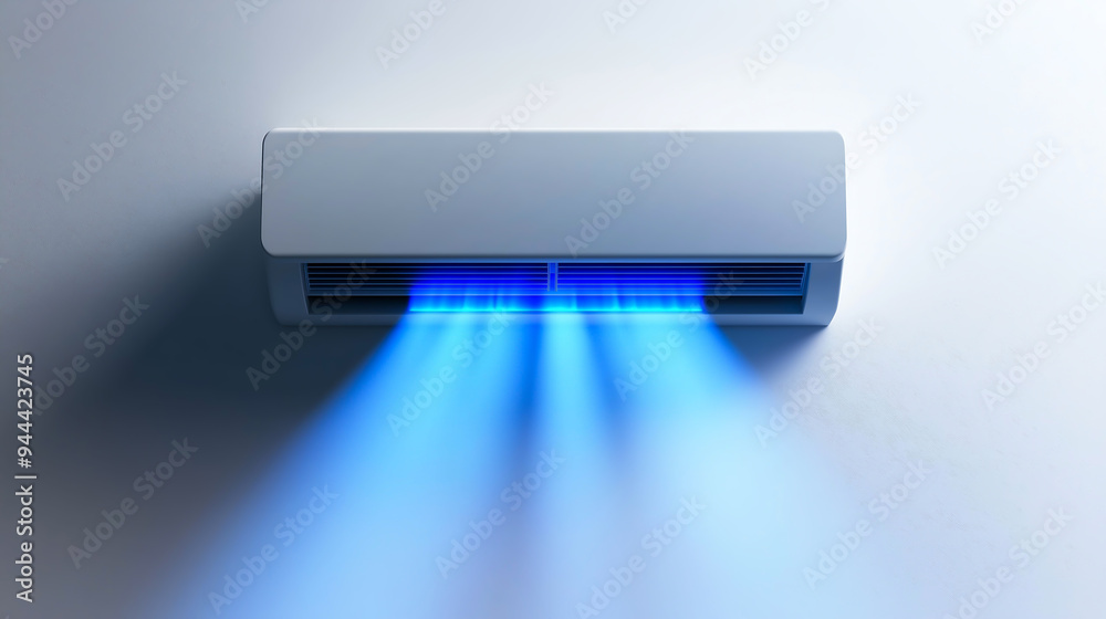 A white air conditioner emitting cool blue breeze A white air conditioner emitting cool blue breeze