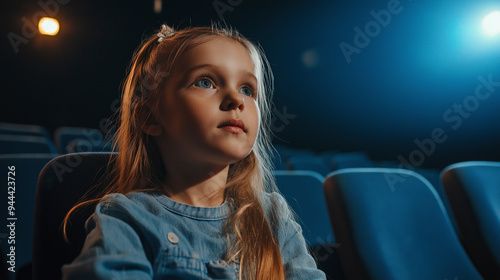 A menina do cinema olha para a tela com admiração photo