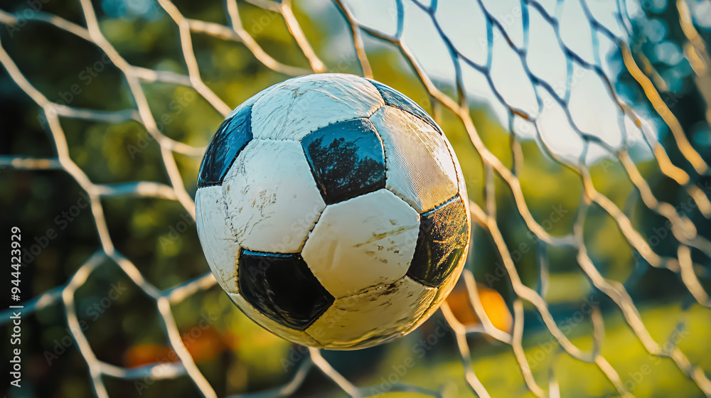 Naklejka premium Soccer ball in goal net - vintage effect picture style pictures.