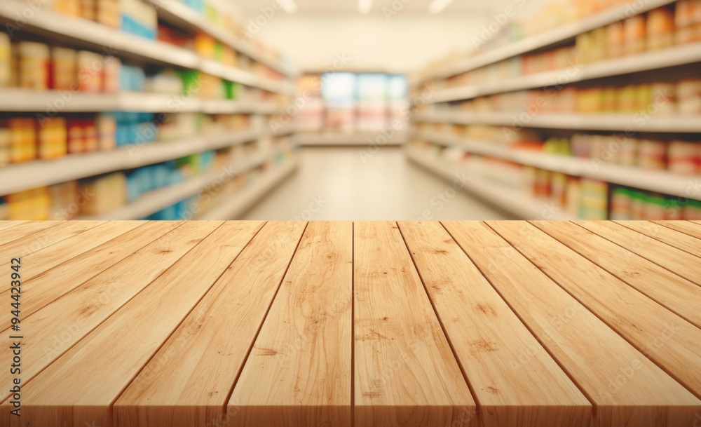 Blurred Supermarket Background with Wooden Table Top for Product Display Montage, Light Brown Color Theme, and Shelves with People Blurred Supermarket Background with Wooden Table Top for Product Display Montage, Light Brown Color Theme, and Shelves with People