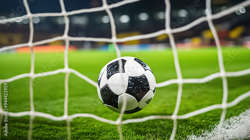 Soccer ball on green grass with net in stadium at night.