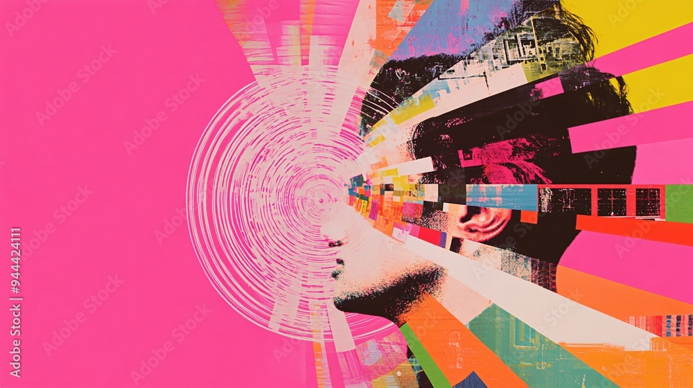 Fototapeta premium Fragmented face with vibrant color burst. Digital glitch art style. Sensory overload concept. Design for music album covers and tech event posters