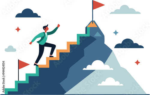 Man climbing stairs to reach the top of a mountain, symbolizing success and achievement in a vector design