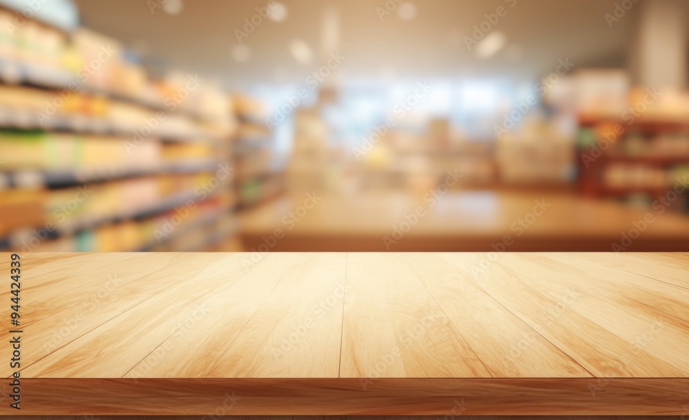 Blurred Supermarket Background with Wooden Table Top for Product Display Montage, Light Brown Color Theme, and Shelves with People Blurred Supermarket Background with Wooden Table Top for Product Display Montage, Light Brown Color Theme, and Shelves with People