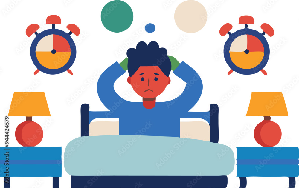 Person waking up frustrated with alarm clocks in a vector design symbolizing stress and lack of sleep Person waking up frustrated with alarm clocks in a vector design symbolizing stress and lack of sleep