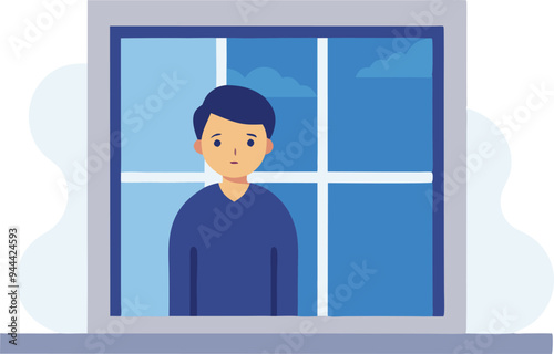 Person staring out a window, symbolizing loneliness and contemplation in a flat vector illustration